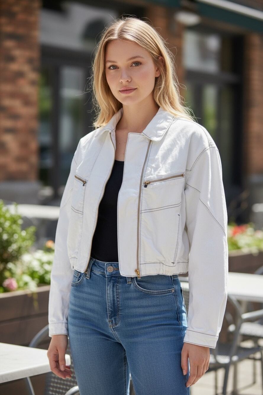 We The Free Pilcro Cropped Bomber Jacket White Asymmetrical Zip Medium NEW